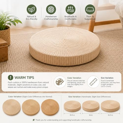 19.7" Round Tatami Floor Pillow, Handwoven Natural Straw Seat | Artisan Crafted, EPE Filling, Comfortable Support, Boho, Lightweight, for Livng Room Meditation Reading Nook Patio - size: 19.7''