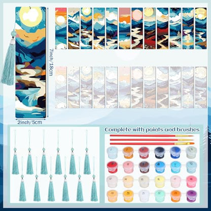 Kosiz 12 Pcs Mountain Paint by Number Kit for Adult Wood Bookmark | Mini Paint by Numbers Kit, Painting Decor, Tassels Blank Bookmarks, for Small DIY Craft Book Lovers Gift 7x2 '' - style: Mountain