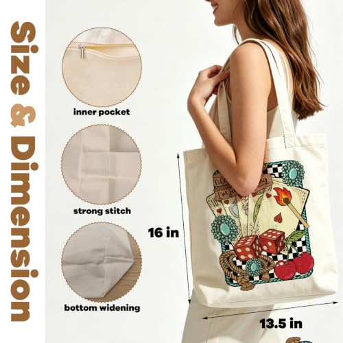 VICBOU Western Cow Skull Canvas Tote Bag for Women Girls, Cowgirl Shoulder Bag with Pocket for Beach Shopping Work - color: Poker