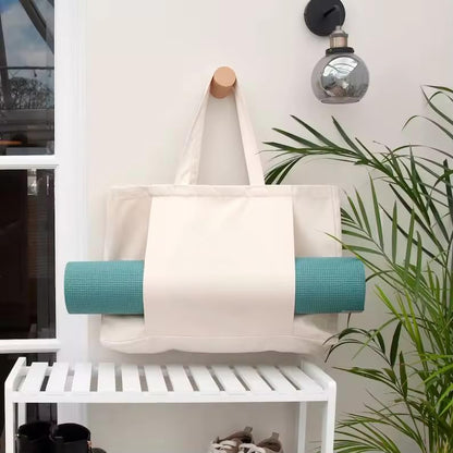 Yoga Canvas Tote Bag, Large Capacity, Sturdy Multifunctional, Shoulder Bag with Mat Carrier, Pockets - color: White