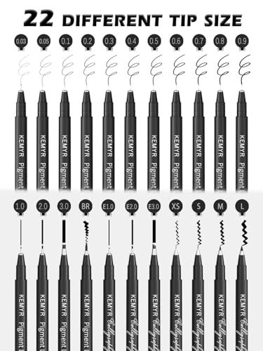 KEMYR 22 Sizes Black Fineliner Micro Drawing Pens, Waterproof Pigment Ink | Archival Ink,AP Certified,Calligraphy Pens with Case for Illustration,Journaling,Sketching,Manga,Artists And Beginners - color: Black Calligraphy&Micro Pens 22 Sizes 0.03mm-L, sty