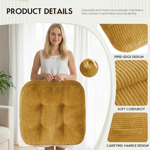 11" Thick Washable Floor Pillow for Adults, Yoga & Meditation Cushion with Handle, Square Large Pillows Seating with Removable Tufted Corduroy Cover for Tatami Living Room Board Games, Yellow