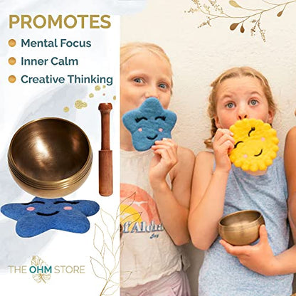 Ohm Store Pure Bronze Tibetan Singing Bowl Set — Children's Musical Percussion Instrument for Meditation and Mindfulness Practices — Little Ohmies Skye Character Pillow and Bronze Sound Bowl - style: Skye