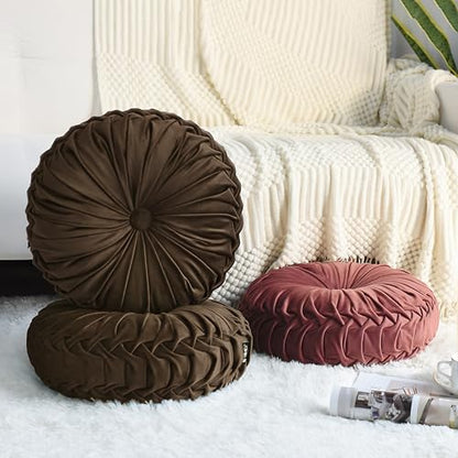 HIG Set of 2 Chocolate Velvet Decorative Round Pleated Throw Pillows - color: Chocolate