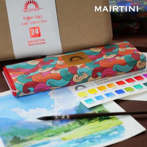 Mairtini Academy Grade Brilliant Series “Oriental Charm” Half-pan Solid Watercolor Paint 24 Colors Set with Red Iron Case