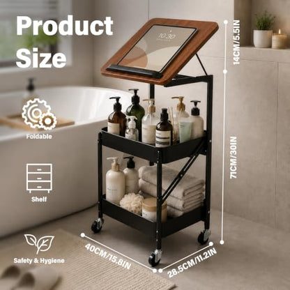 Dracey 3 Tiers Utility Rolling Cart with Lockable Caster Wheels, Metal Tiltable Wood Top Desk, Multifunctional Rolling Storage Cart for Bathroom, for Office Dorm Kitchen Living Room Classroom