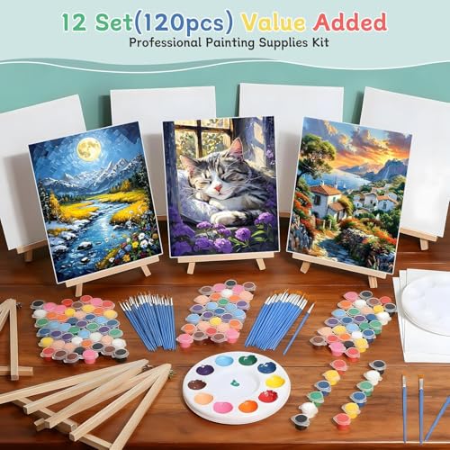 120pcs 8x10 Inch Painting Supplies Kit, 12 Colors Mini Acrylic Paint Set | 12 Pack Art Canvas Bulk with Easel Stand, Small Paint Brushes, Paint Trays, Paint Canvas Kit