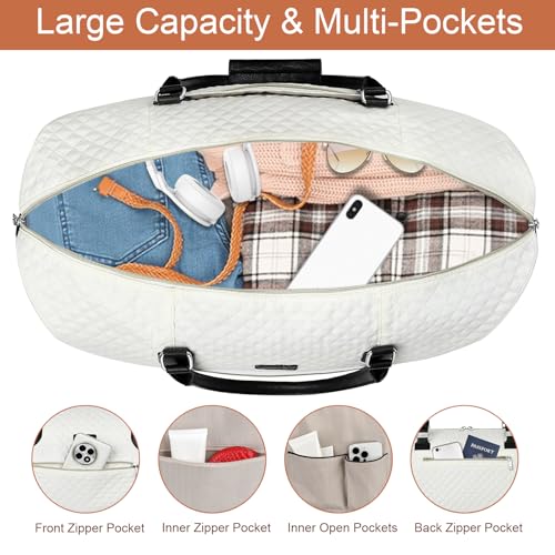 ITIEZY Weekender Bag for Women 21.5" Travel Duffel Large Carry On Bag 3PCS | Nylon Duffel Bag with Waterproof Shoe Compartment, Crossbody Bag and Toiletry Bag, Travel Weekend Hospital Overnight Gym Bag - color: 6-Off White