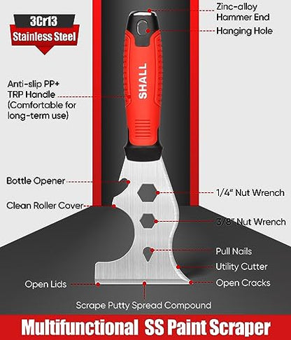 SHALL Drywall Tool Kit, 7 Pcs Stainless Steel Set Includes Putty Knife, Taping Knife, Painter Scraper Tool & 12" Mud Pan for Joint Taping, Finishing, Patching
