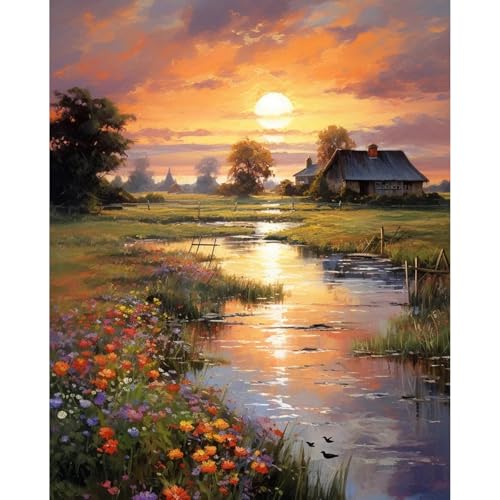 Paint by Numbers Kit for Adults Beginner 16x20 Inch, Countryside Sunset | DIY Acrylic Painting by Numbers Riverside Cabin Landscape, Without Frame Canvas, Stress Relief Craft Kits, Home Decor Gift - color: LOP829, size: Frameless