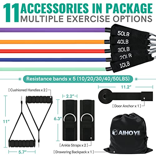 Aihoye Resistance Bands with Handles & Door Anchor for Strength Training - color: 10-150LB Set (11Pcs)