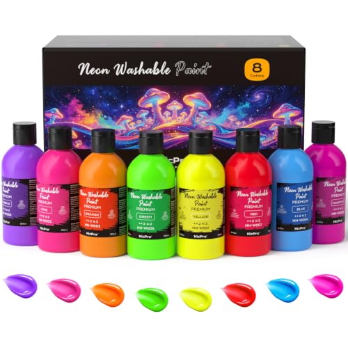 Nicpro 8 Colors Fluorescent Large Washable Paint Set for Kid (8.45 oz) | Glow in Black Light, Non Toxic Neon Tempera Paints for Art, Craft DIY, Poster & Finger Paint, School, Home, Classroom, Party - color: 8 Colors, size: 8.45 Fl Oz (Pack of 8)