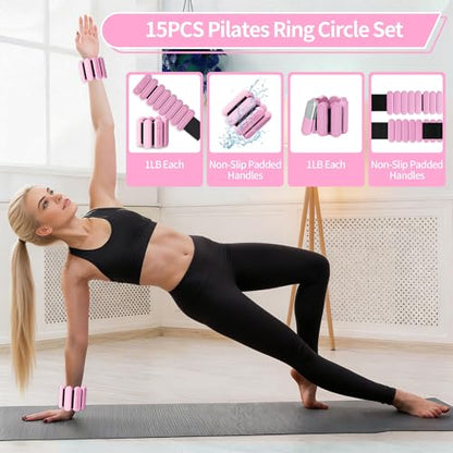 DICYWUDI Pilates Essentials Kit for Home Women, Pilates Equipment for Workouts, 6 Fabric Resistance Bands, 12 Inch Magic Circle Yoga Ring, Mini Exercise Ball, Great Exercise Equipment - color: 15pcs Pink set