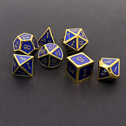 Haxtec Metal DND Dice Set, 7 Pcs Royal Blue Polyhedral Dice for RPG | Gold Number D&D with Leather Bag, Compatible with Dungeons and Dragons, Enamel Heavy Metallic, D&D Gifts for Table Games - color: Gold Navy Blue