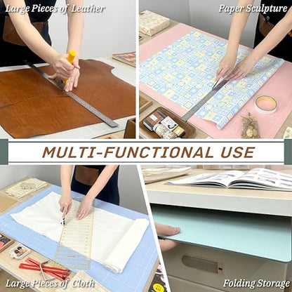 iMAT Flip Cutting Mat Note A1 Foldable Double-Sided Rose Pink | Inch grid front with cm dot back for dual-unit measuring. Large 24" x 36" workspace, ideal for crafts, sewing, and DIY