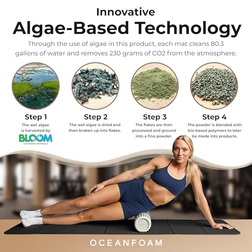 Oceanfoam Travel Workout Mat – 0.3" Thick Folding Exercise Mat for Yoga, Pilates, & Fitness – Non-Slip with Cotton Carrying Strap, Made with Sustainable Algae Foam – 24" x 72" (Black Marbled) - color: Black Marbled