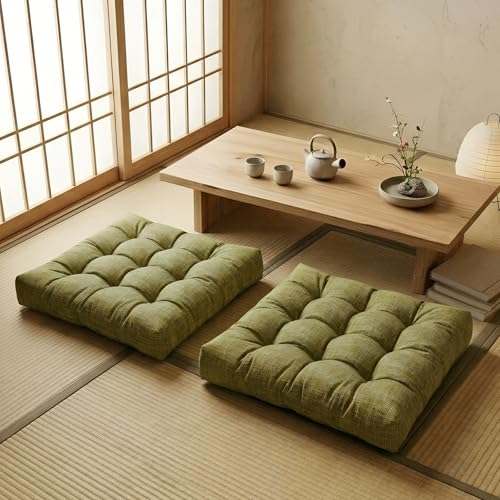 Large Square Floor Cushions Set of 2, 22 x 22 Inch with Non-Slip Bottom, Memory Foam Floor Pillow for Sitting, Meditation & Yoga, Soft Supportive Floor Seating Cushion for Adults & Kids (2, Green) - color: Green