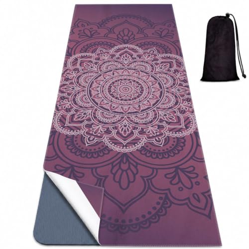 Yoga Mat Towel, Hot Yoga Non Slip with 4 Corner Pockets, 70 x 26 in - color: Purple Flower-01, size: Small