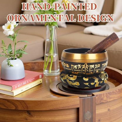 AKLOT HandMade Meditation Singing Bowl: Tibetan Sound Bowl Set with Pure Tone, Sound Bath Bowl with Cushion, Mallet, Spiritual Gift for Chakra Clearing, Mind Healing, Yoga, Prayer, Relaxation (4 Inch) - color: 4inch Black