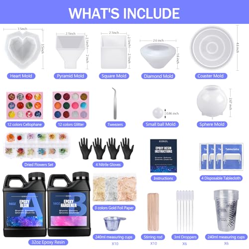 KISREL Epoxy Resin Kit 32OZ with Molds, Dried Flowers & Tools for Beginners | All-in-one starter set with molds,Crystal clear, bubble-free & easy 1:1 mix,Ideal for jewelry, coasters & DIY crafts - size: 32oz Resin Kit