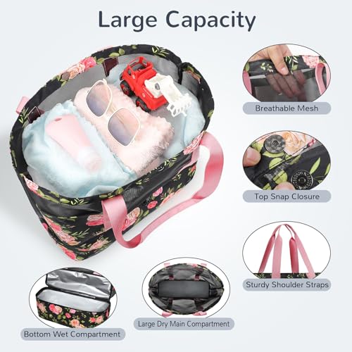 Mesh Tote Beach Bag with Leakproof Wet Compartment - color: Rose