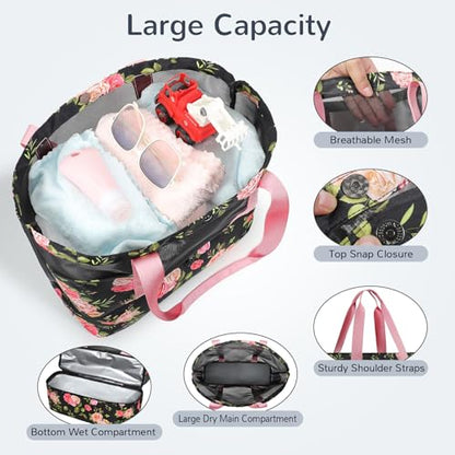 Mesh Tote Beach Bag with Leakproof Wet Compartment - color: Rose
