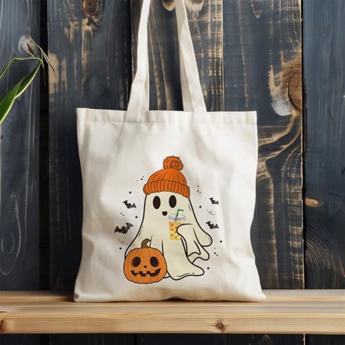Kazova Halloween Canvas Tote Bag Cute Funny Ghost Tote Bag Cotton Reusable Grocery Shopping Beach Bag Halloween Shoulder Bag For Women Handbag - color: Ghost