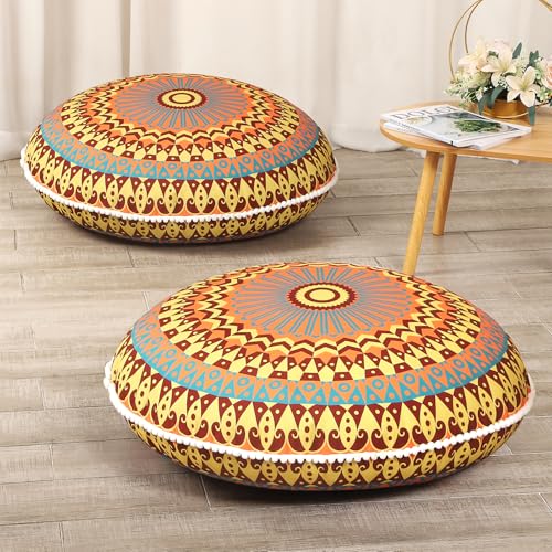 LOVMOC 32 Inch Round Floor Pillow for Adults Set of 2, Large Thick Memory Foam Boho Mandala Meditation Floor Seating Cushion, Machine Washable for Living Room Outdoor Yoga Floor Sitting, Yellow