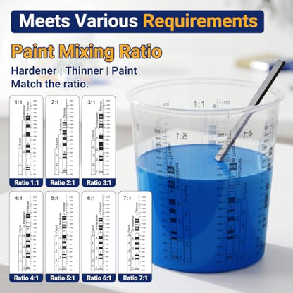 12 Pack 64oz 1900ml Clear Plastic Paint Mixing Cups with 12 Stir Sticks - Disposable Graduated Measuring Cups for Paint, Resin & Epoxy with ML Scale & 3-Column Ratios (1:1-7:1) for DIY Crafts - size: 64oz / 1900ml