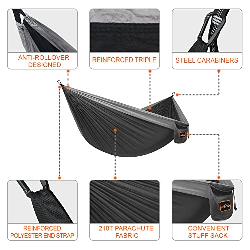 AnorTrek Camping Hammock, Super Lightweight Portable Parachute Hammock with Two Tree Straps Single or Double Nylon Travel Tree Hammocks for Camping Backpacking Hiking - color: Black&gray, size: Double 118''L x 78''W