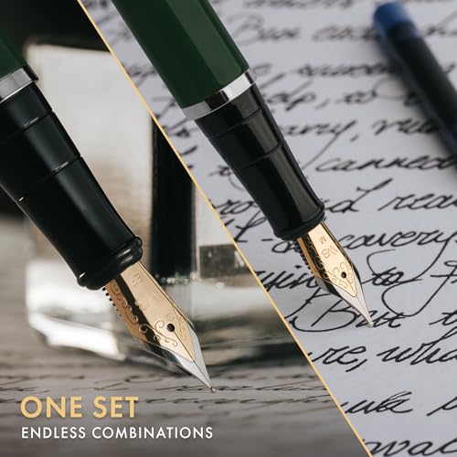 Wordsworth & Black Fountain Pen Gift Set, Medium & Extra Fine Nib, Green | For Men & Women, Brass Body, 18K German Iridium, Ink Bottle + 6 Cartridges, Converter, Writing & Calligraphy, Journaling - color: Green Chrome
