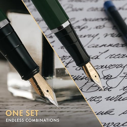Wordsworth & Black Fountain Pen Gift Set, Medium & Extra Fine Nib, Green | For Men & Women, Brass Body, 18K German Iridium, Ink Bottle + 6 Cartridges, Converter, Writing & Calligraphy, Journaling - color: Green Chrome