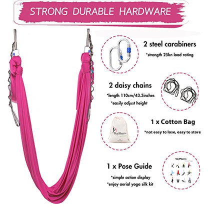 5.5 Yards Aerial Silks Yoga Swing Set - Aerial Yoga Hammock Kit Anti-Gravity Flying for Fitness, Low/Non Stretch Nylon Tricot Fabric Hardware Included for Dance - color: HOT PINK