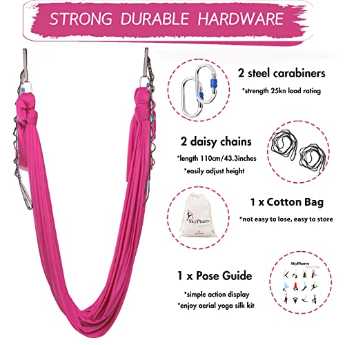 5.5 Yards Aerial Silks Yoga Swing Set - Aerial Yoga Hammock Kit Anti-Gravity Flying for Fitness, Low/Non Stretch Nylon Tricot Fabric Hardware Included for Dance - color: HOT PINK