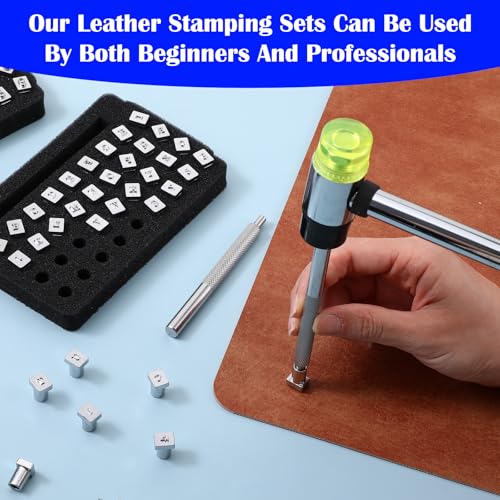 75 Pcs Leather Stamping Tools, Leather Carving Tools, Letters and Numbers Patterns, Leathers Carving Mallet, Leathercraft Stamping Tool Geometric for Leathers Working