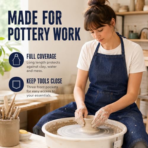 Denim Clay Pottery Apron, Long Blue Denim Cotton Split Leg Apron, 35" x 27" One Size Fits Most with Slanted Side Pockets for Potters for Chefs, Gardeners, and Artists