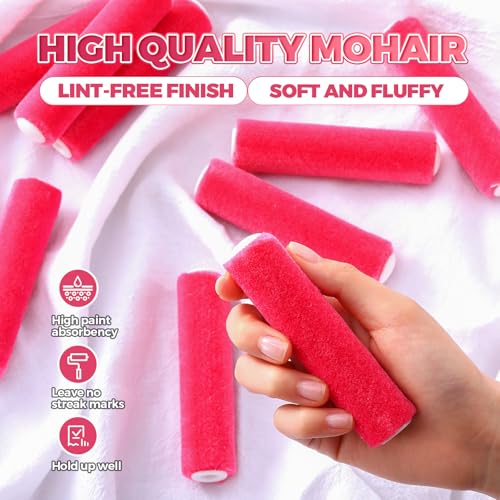 Leumoi 24 Pcs 4 Inch Mohair Paint Roller Covers 3/16" mini Shedding Resistant Small Painting Rollers Fits All Flat Surface Kitchen Cabinets, Doors, Tables, Works with All Paints and Stain (Pink) - color: Pink