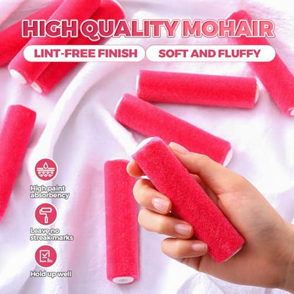 Leumoi 24 Pcs 4 Inch Mohair Paint Roller Covers 3/16" mini Shedding Resistant Small Painting Rollers Fits All Flat Surface Kitchen Cabinets, Doors, Tables, Works with All Paints and Stain (Pink) - color: Pink