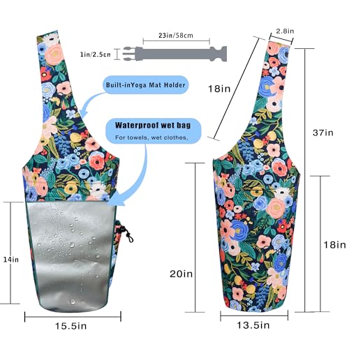Yoga Mat Bag - Large Opening Long Tote Yoga Mat Carrier Holder Bag with Waterproof Wet Zipper Pocket and Drawstring Water Bottle Pocket - Yoga Bag Fit Most Size Mats - color: Floral