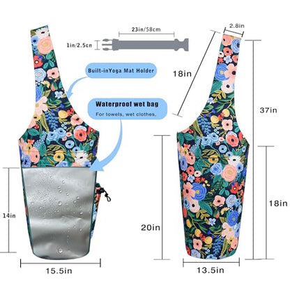Yoga Mat Bag - Large Opening Long Tote Yoga Mat Carrier Holder Bag with Waterproof Wet Zipper Pocket and Drawstring Water Bottle Pocket - Yoga Bag Fit Most Size Mats - color: Floral