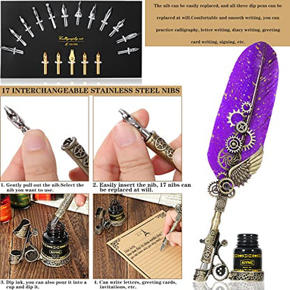 Quill Pen Ink Set, With Quill Pen, Wooden Dip Pen, Glass Dip Pen, 6 Bottles Ink,16 Letter Paper, 2 Envelopes,17 Nibs, Pen Holder, 2 Bottles Fire Lacquer Wax, Stamp, Spoon, White Wax, Cup(Purple) - color: Purple