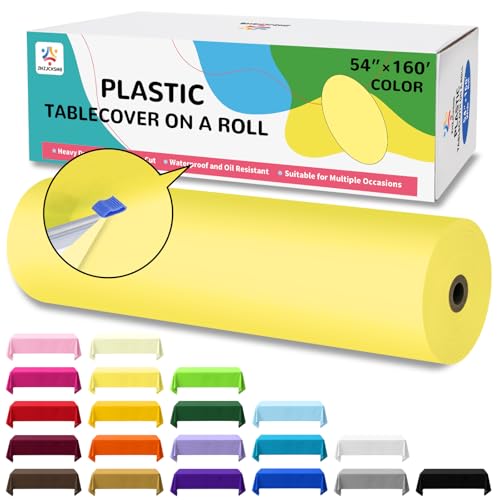 54IN X 160FT Plastic Table Cover Roll with Cutter Box, Cut to Size Plastic Table Cloths for Parties, Birthday, (Light Yellow, 54"x1920") - color: Light Yellow, size: 1920" x 54" (Rectangular)