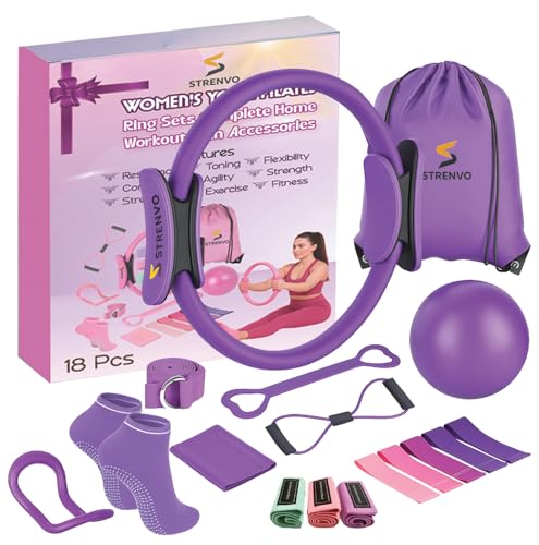 Yoga Pilates Ring Set for Home Workouts – 18 Pcs Fitness Kit for Women – Resistance & Toning Accessories with Circle Ring, Ideal for Full Body Toning & Flexibility - color: Purple