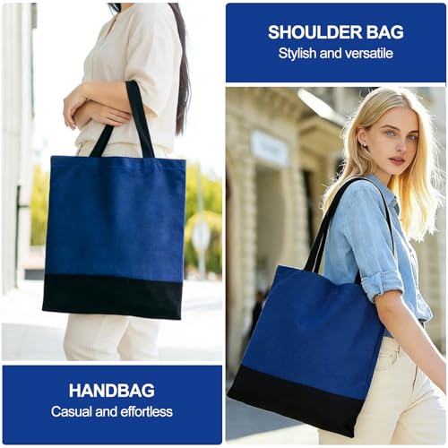 Canvas Tote Bag with Zipper for Women, Halloween Trick or Treat Bags Bulk | 13.8" x 15.3" Fashionable Two-Tone Cotton Tote Bag for Crafts, DIY Your Creative Designs - color: [A1] Blue / Black