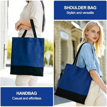 Canvas Tote Bag with Zipper for Women, Halloween Trick or Treat Bags Bulk | 13.8" x 15.3" Fashionable Two-Tone Cotton Tote Bag for Crafts, DIY Your Creative Designs - color: [A1] Blue / Black