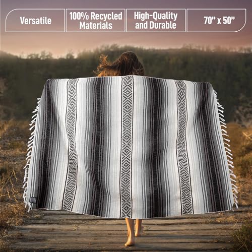 Hydration Nation Authentic Extra Large Mexican Blanket (70"x50") - Handwoven Yoga, Serape- Artisanal Falsa, Beach, Camping, Picnic, Outdoor(Gray) - color: Gray