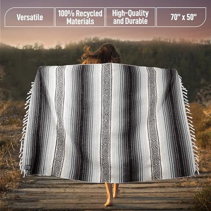 Hydration Nation Authentic Extra Large Mexican Blanket (70"x50") - Handwoven Yoga, Serape- Artisanal Falsa, Beach, Camping, Picnic, Outdoor(Gray) - color: Gray