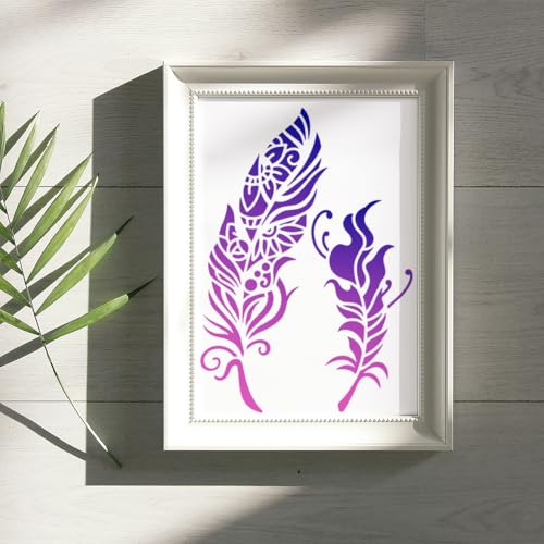 2 Pack Feathers Mandala Stencils for Painting Reusable Plastic Feather Stencil for Painting on Wall Wood Furniture Fabric Canvas, DIY Craft Stencil - style: Feathers