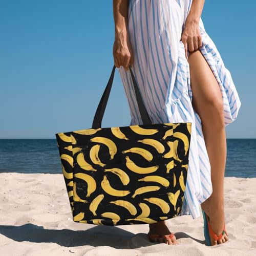 Large Beach Bag for Women Waterproof Foldable Travel Shoulder Tote Bag with Pocket for Weekender Pool Vacation - color: Banana Black