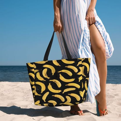 Large Beach Bag for Women Waterproof Foldable Travel Shoulder Tote Bag with Pocket for Weekender Pool Vacation - color: Banana Black